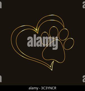 Golden dog paw heart. Pet love line art. Glowing paw heart vector. Dog paw logo design. Elegant pet art vector. Golden heart paw art. Stylish dog paw Stock Vector