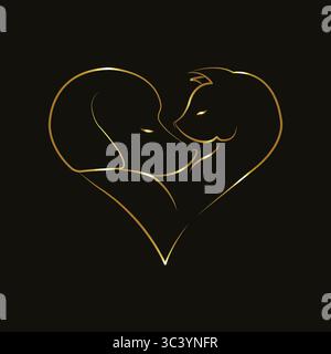 Golden pet heart vector. Dog cat love art. Pet care logo design. Elegant animal graphic. Glowing heart pet art. Stylish dog cat vector. Radiant logo. Stock Vector