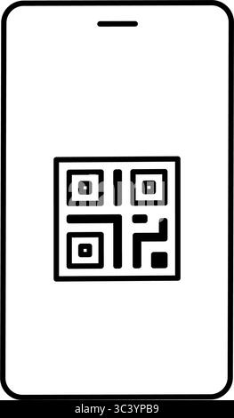 Smartphone displaying QR code simple line drawing icon, illustration of ...