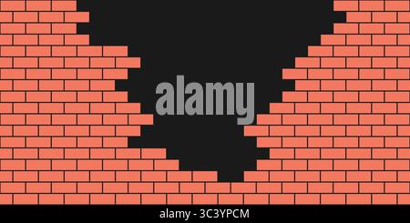 Brick wall hole. Broken red brick wall. Old building texture. Crack stone background. Graphic blocks frame. Vintage abstract vector illustration Stock Vector