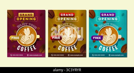 A vibrant coffee shop grand opening social media post template featuring coffee cups, beans, and modern layout. Perfect for food & beverage promotion Stock Vector
