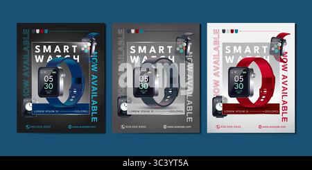 Stylish promotional posters for smartwatches featuring clean layouts and bold product shots. Ideal for tech ads, ecommerce, and digital product launch Stock Vector