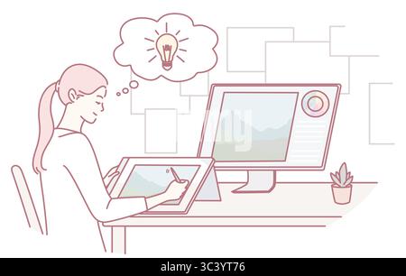 An engaging illustration depicting a designer actively brainstorming new ideas while utilizing various digital devices Stock Vector