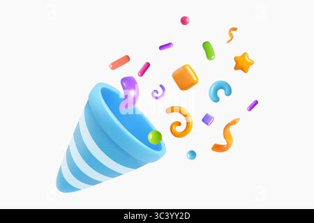 Realistic 3D blue striped party popper with flying confetti, swirls, and geometric shapes on a clean white background. Stock Vector