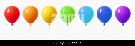 Seven glossy 3D balloons in rainbow sequence from red to purple on white background, perfect for birthday or party visuals. Stock Vector