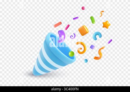 Blue 3D party popper releasing colorful confetti, curls, and cartoon shapes on a transparent background in mid explosion. Stock Vector