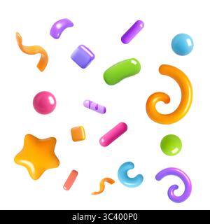 Collection of colorful 3D confetti shapes including stars, curls, and glossy elements floating on a clean white background. Stock Vector
