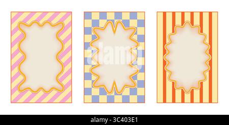 Groovy border wavy frames - diagonal stripes, checkered squares, vertical lines surrounding scalloped centers. Zigzag outlines with empty space inside. Playful retro jagged geometric backgrounds. Stock Vector