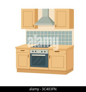 Modern wooden kitchen interior with stove and hood, flat vector Stock Vector