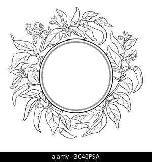 Cayenne Pepper Outline Round Frame. Stock Vector