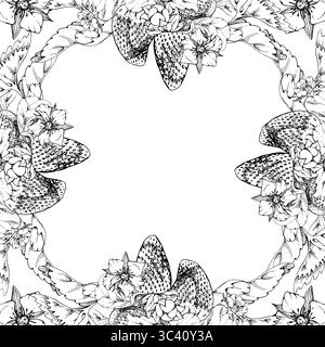Strawberry leaves flowers garland frame, pineberry strasberry snakeberry ripe garden berries. Hand drawn in vector ink. Isolated square border Stock Vector
