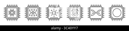 Set of editable icons of computer chips in linear style on white background. Stock Vector