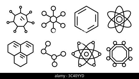 Set of line icons of molecule, cell, atom, protein isolated on white background, flat vector illustration Stock Vector
