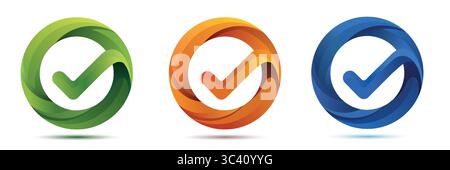 Set of three modern check mark logos in gradient orange, green and blue on white background. Stock Vector