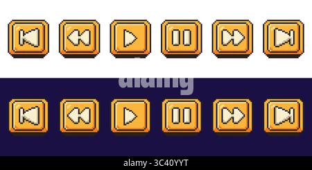A set of media control buttons in pixel art style. Perfect for retro games, UI kits and 8-bit interfaces. Stock Vector