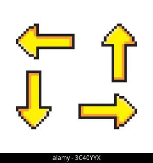 Set of pixel game yellow arrows, turned in different directions, isolated on white background. Vector 8-bit pixel illustration. Stock Vector