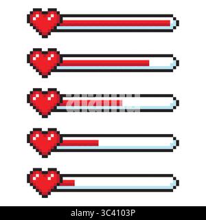 Pixel art 8-bit heart love loading set isolated vector illustration. Stock Vector