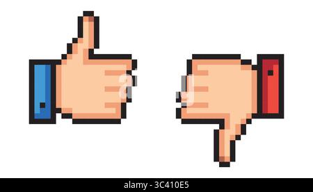 Pixel thumb up 3d, like pixel symbol. Set of Like and dislike icon Stock Vector