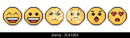 Cute pixel emoticons. Set of Emoji. Smile icons. Pixel art vector illustration Stock Vector