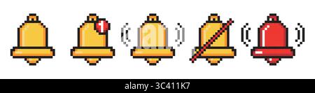 Bell icons in pixel art style. Notification icons for mobile interface, 8 bit bell for UI Stock Vector
