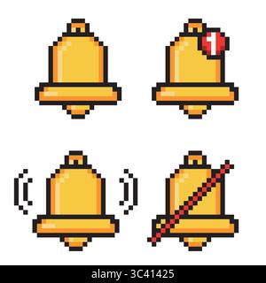 Bell icons in pixel art style. Notification icons for mobile interface, 8 bit bell for UI Stock Vector