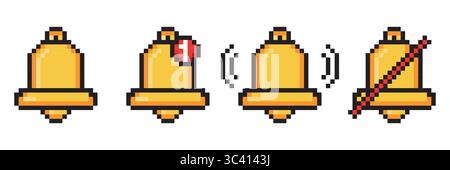 Bell icons in pixel art style. Notification icons for mobile interface, 8 bit bell for UI Stock Vector