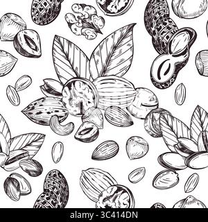 Seamless vector pattern of nuts, pistachios, walnuts, peanuts, hazelnuts, tree leaves. All objects are hand-drawn with ink. The illustration is Stock Vector
