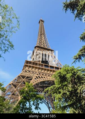 Looking up through trees at Eiffel Tower in Paris, France. Stock Photo