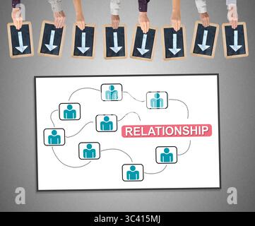 Hands holding writing slates with arrows pointing on relationship concept Stock Photo
