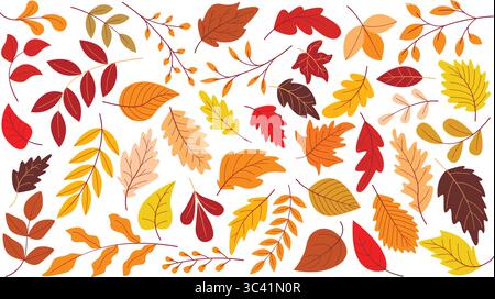 Autumn colorful leaves big set. Hand drawn collection of foliage and tree twigs in red, orange, yellow, brown colors. Warm autumn mood. Fall aesthetic Stock Vector