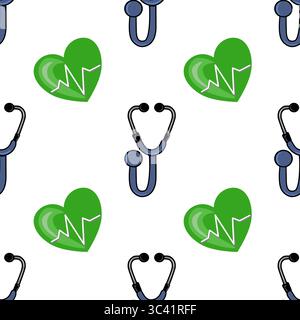 A vector seamless pattern featuring stethoscopes and green hearts with heartbeat lines, symbolizing healthcare and medical themes. Stock Vector