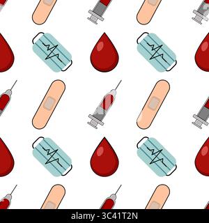 A vector seamless pattern featuring medical elements like syringes, blood drops, band-aids, and medical vials on a white background. Stock Vector