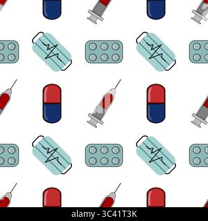 A vector seamless pattern featuring medical elements such as syringes, pills, and vials. The design is colorful and suitable for health-related themes Stock Vector