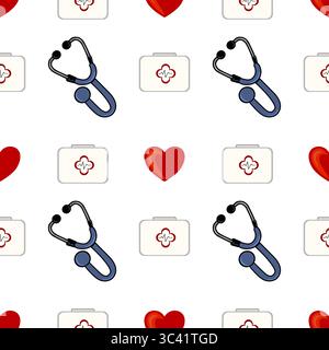 A vector seamless pattern featuring medical symbols including stethoscopes, hearts, and first aid kits, ideal for healthcare-related designs. Stock Vector