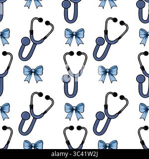 A vector repeating pattern featuring stethoscopes and blue bows on a white background. The stethoscopes are illustrated in blue and black, while the b Stock Vector