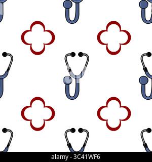 A vector seamless pattern featuring stethoscopes and red cross-like shapes on a white background. The stethoscopes are depicted in blue and black, whi Stock Vector