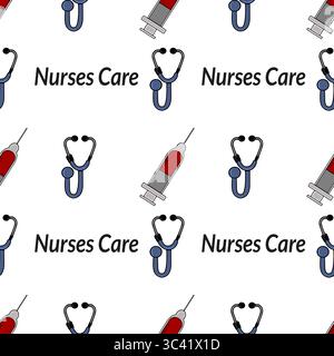 A vector repeating pattern featuring medical elements like syringes and stethoscopes, along with the text Nurses Care. The design is colorful and suit Stock Vector