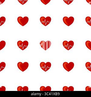A vector seamless pattern featuring red hearts with and without heartbeat lines on a white background. The design is playful and suitable for various Stock Vector