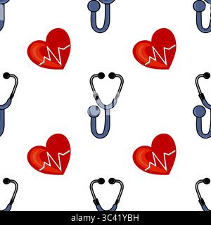A vector seamless pattern featuring stethoscopes and heart symbols. The stethoscopes are in blue, while the hearts are red with a heartbeat line. The Stock Vector