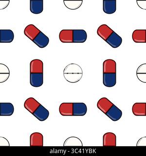 A vector seamless pattern featuring colorful capsules and pills in red, blue, and white colors. The design is playful and suitable for medical or phar Stock Vector