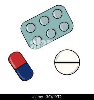 An vector illustration of various medications including a blister pack with six pills, a red and blue capsule, and a white tablet split in half. Stock Vector