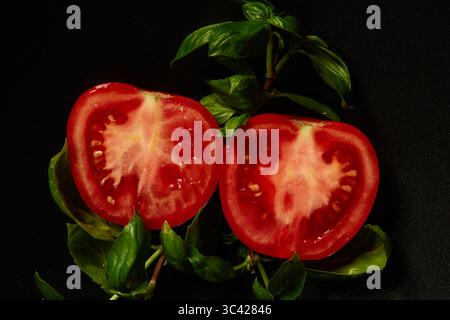 Sill Life Photograph of Fresh Tomato Halves with Basil Leaves on Black Background Stock Photo