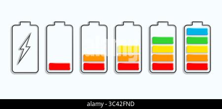 Multicolored icons in the form of a battery charge. Charge indicator in 3D style with shadows. Vector illustration. Stock Vector