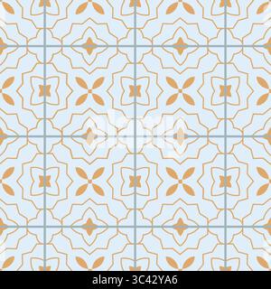 Oriental style thin line tile seamless pattern. Cute simple geometric vector design with tiny gold flowers, grid. Stock Vector