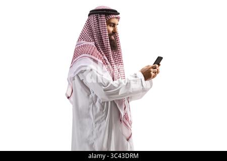 Middle eastern man typing on a smartphone isolated on white background Stock Photo