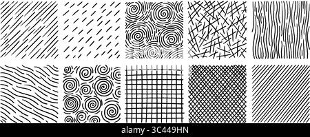 Set of abstract hand drawn crosshatch textures featuring scribbles swirls and rough lines. Square black and white pattern tiles. Stock vector illustra Stock Vector