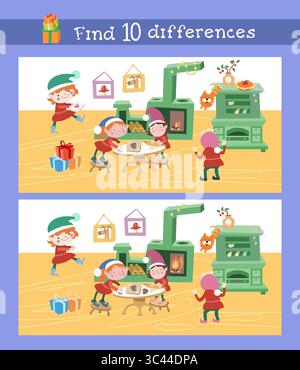Find 10 differences. Elves are preparing for Christmas. Puzzle for kids. Children game scene for design. Vector illustration. Stock Vector