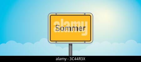 german text summer on yellow sign on blue sky background vector illustration Stock Vector