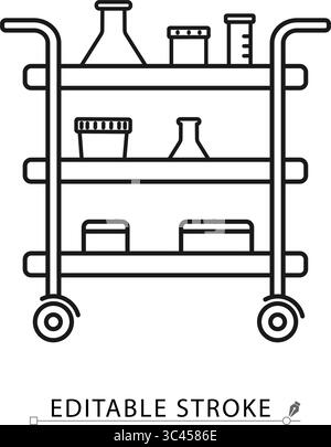 Lab cart icon in editable stroke. Laboratory trolley outline vector with shelves and glassware. Mobile science equipment for experiments, test tube Stock Vector