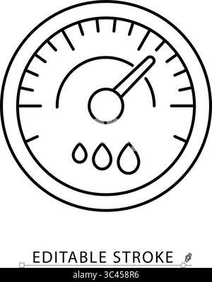Hygrometer icon with editable stroke. Outline vector of analog humidity meter gauge with water drop indicators. Used in laboratories and industrial Stock Vector